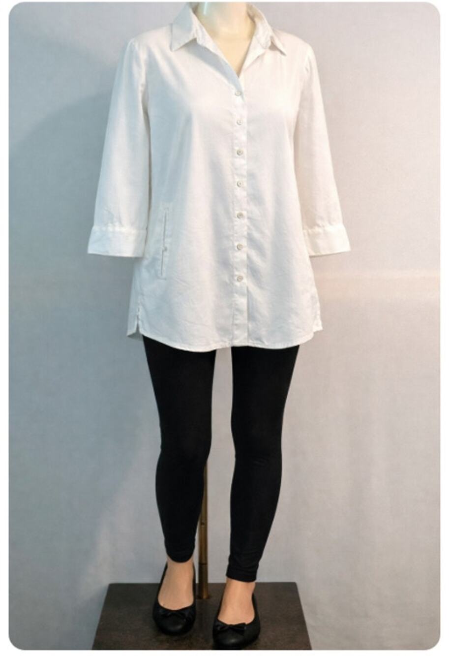 Eileen Fisher Small White Blouse Tunic Dress Button Up collar Linen 3/4 Sleeve